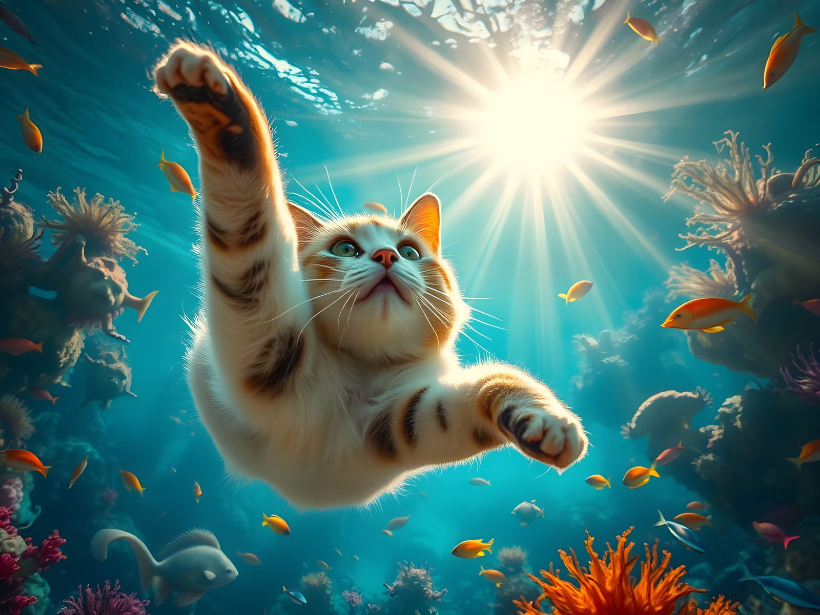 Hyper-Realistic Cat Dives into Vibrant Oceanic Scene