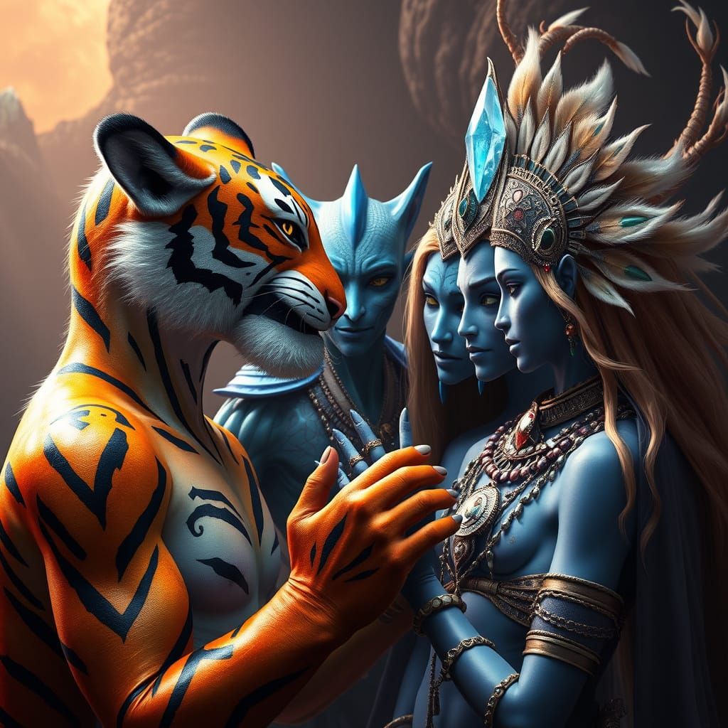 Tiger-Head Humanoid Jokes with Alien Friends in Vibrant, Fan...