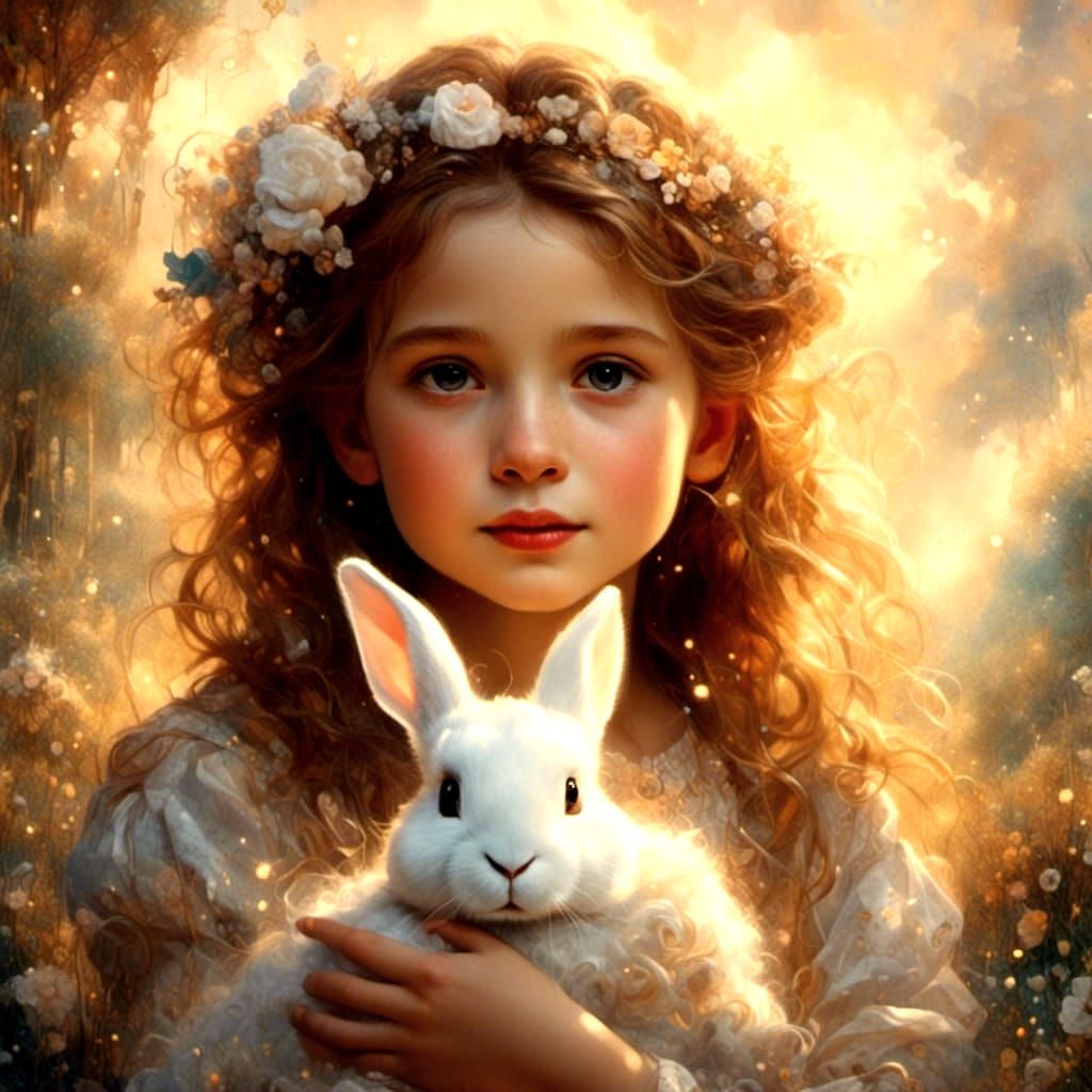 Little Girl with Rabbit Portrait in Thomas Kinkade Style