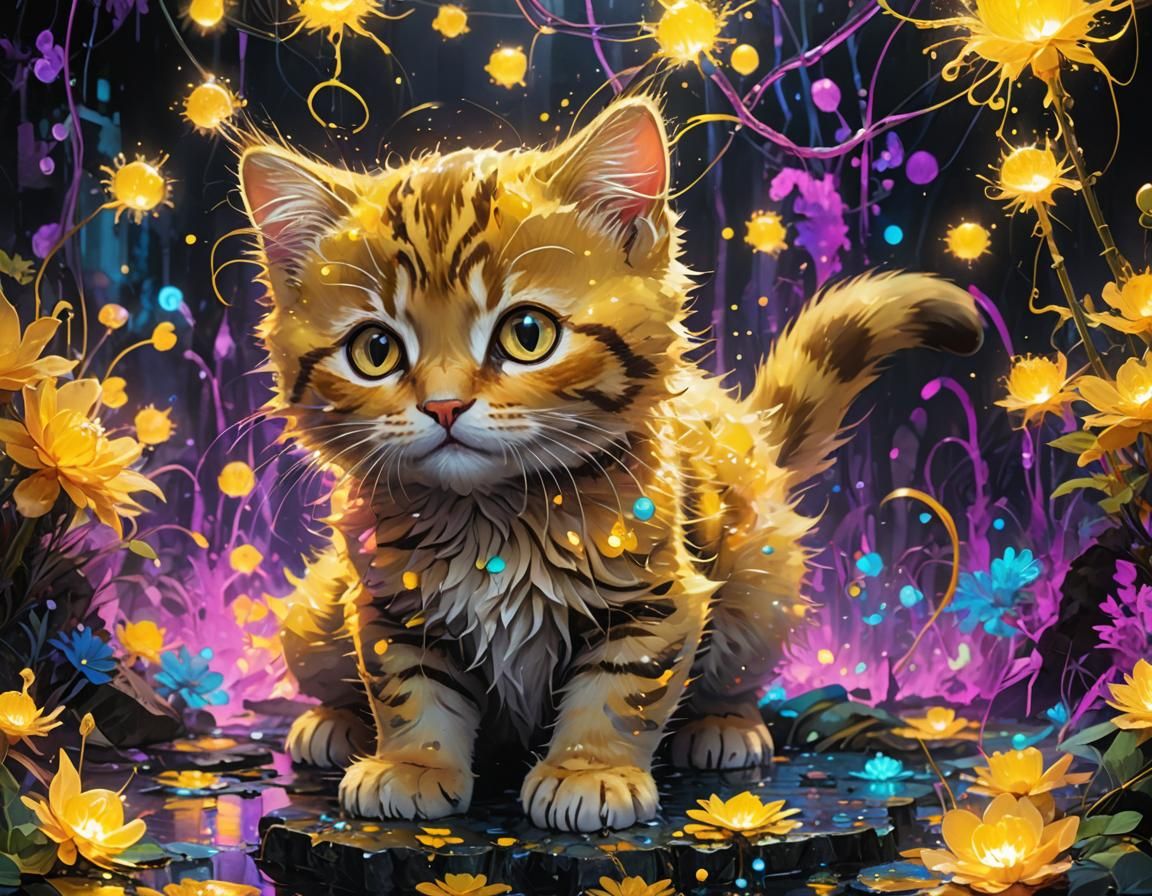Adorable Furry Kitty in Bioluminescent Garden