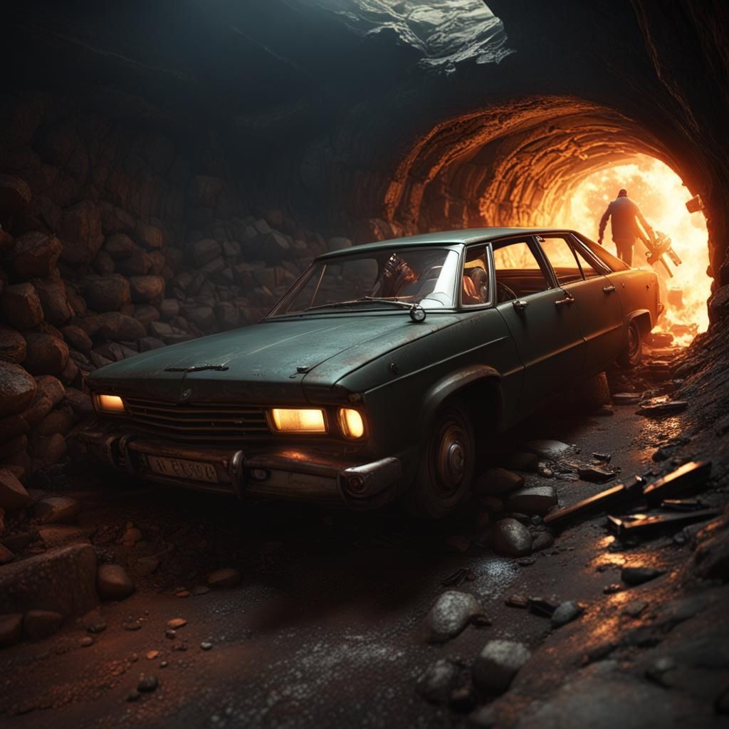 Car in Collapsing Tunnel with Gun, Detailed Matte Painting
