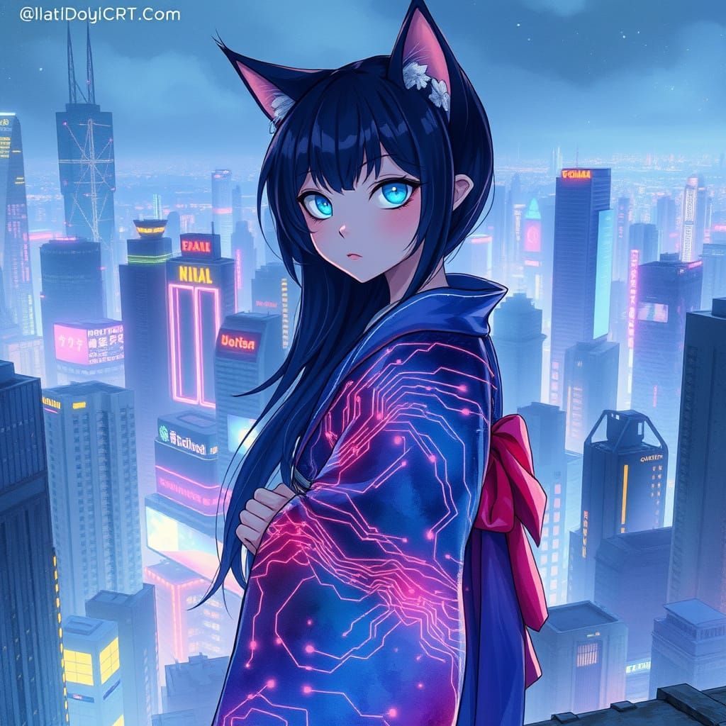 Anime Catgirl Contemplates Dystopian Metropolis
