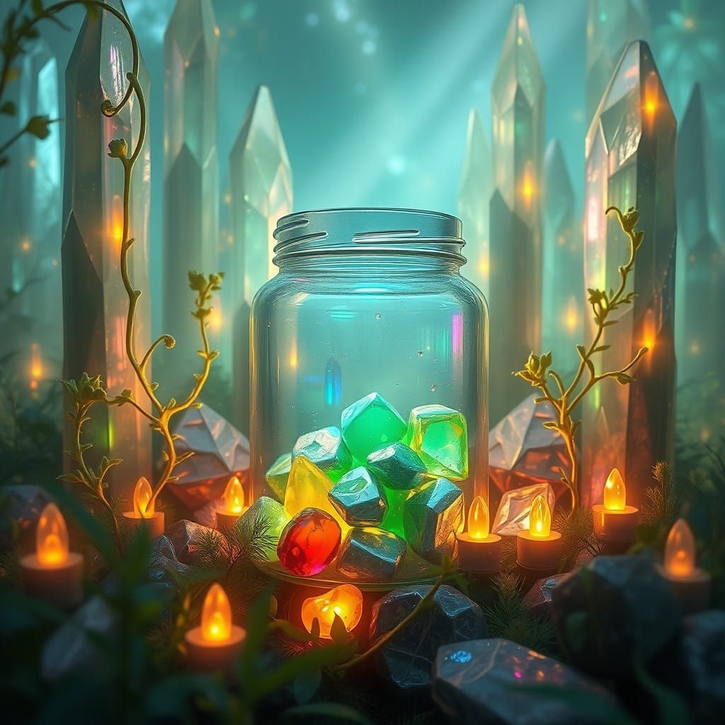 Dreamlike Crystal Forest with Iridescent Jar and Glowing Sto...