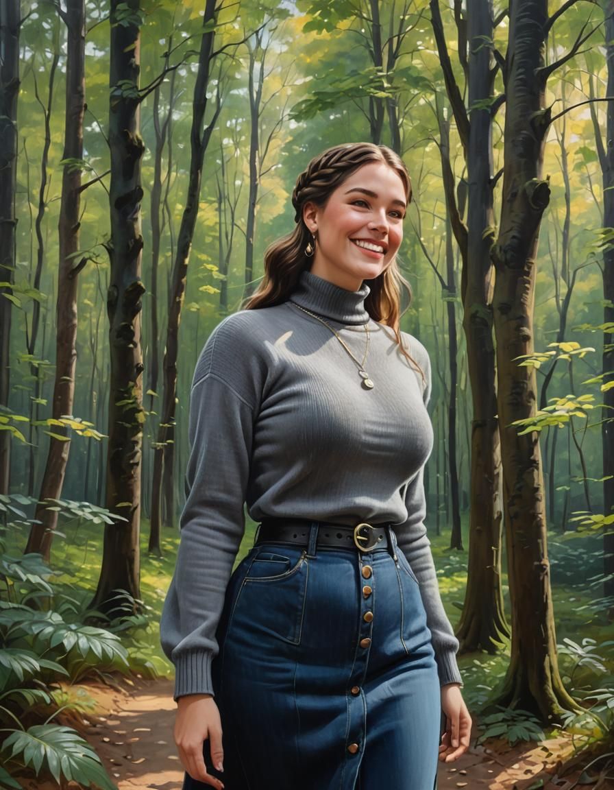 Elegant Woman in Forest, Oil Painting Style