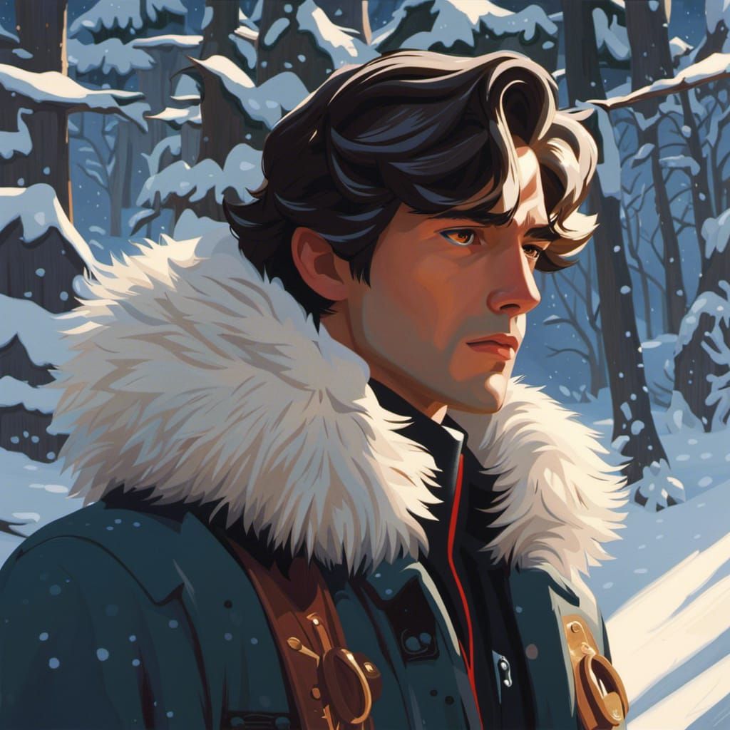 Snowy Portrait of Man with Ornaments in Forest