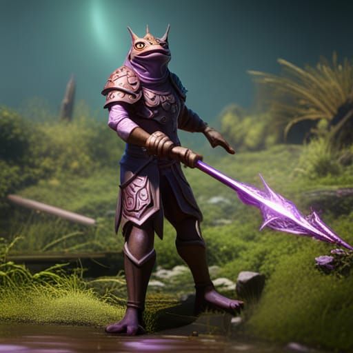 Purple-Skinned Frog Warrior with Javelin: 3D Render
