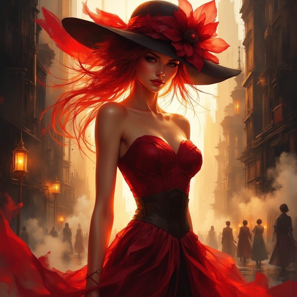 Elegant Lady in Red Amidst Glowing Anime Cityscape