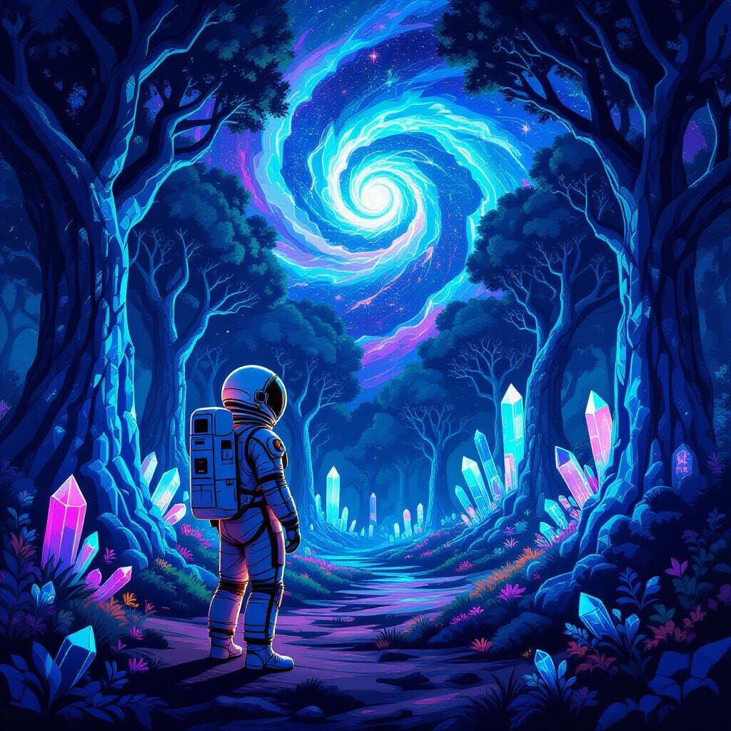 Astronaut Explores Alien Grove With Bioluminescent Crystal T...