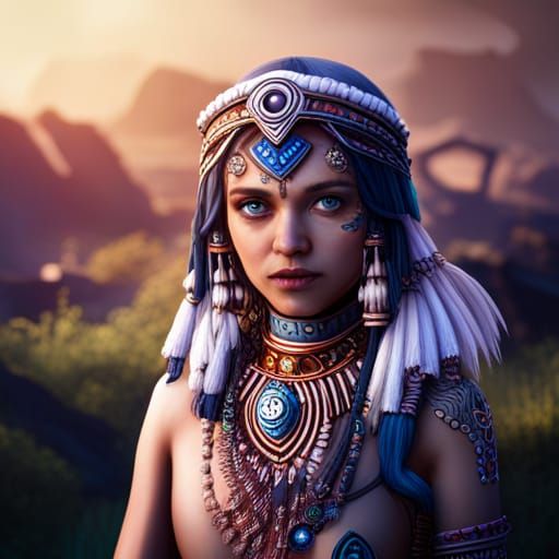 Aztec Girl Princess with Blue Eyes in Detailed Matte Paintin...