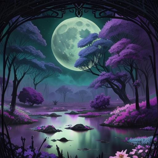 Disturbing Purple Moon Landscape in Digital Watercolor