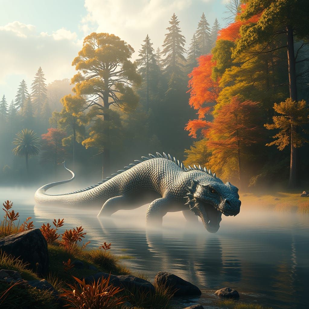 Colossal Serpentine Creature in Vibrant Fantasy Landscape