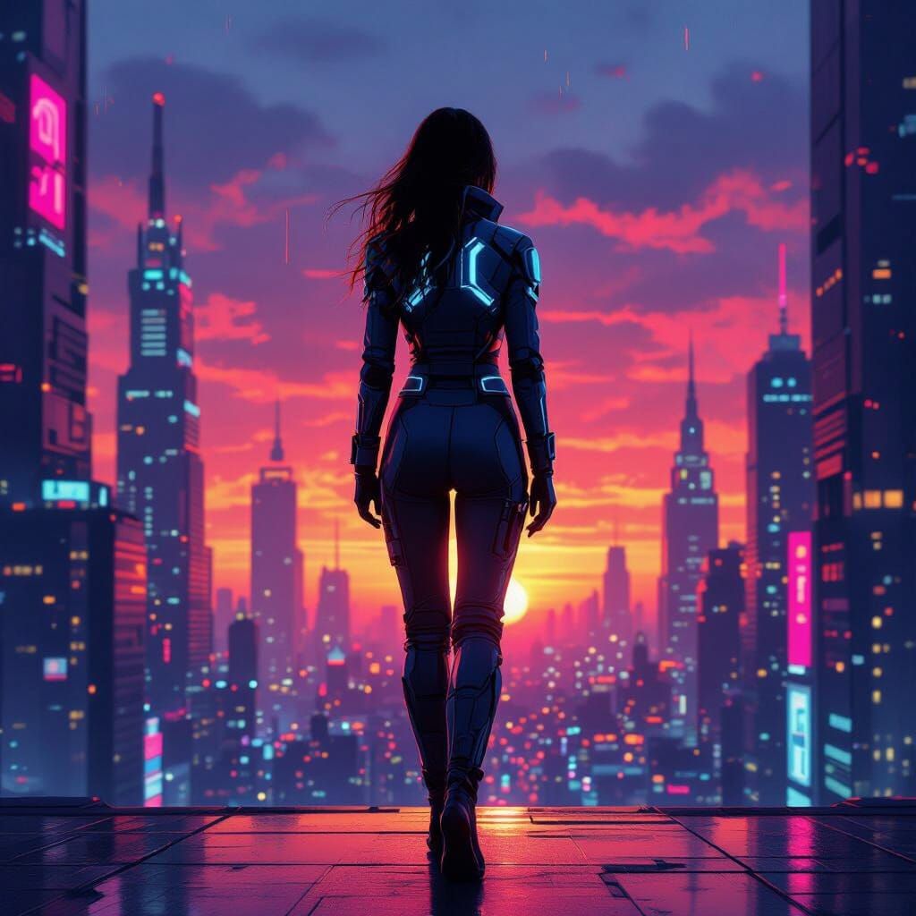 Futuristic Woman in Neon Cityscape: Cyberpunk Oil Painting