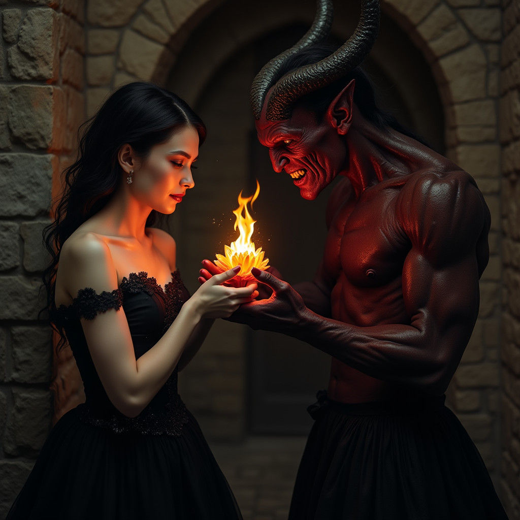 Dark Demon Offers Blazing Flower to Enchanting Lady in Shado...