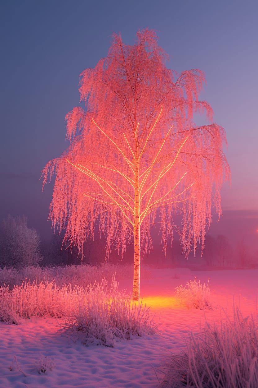 Winter Birch Tree Aglow with Neon Orange Light
