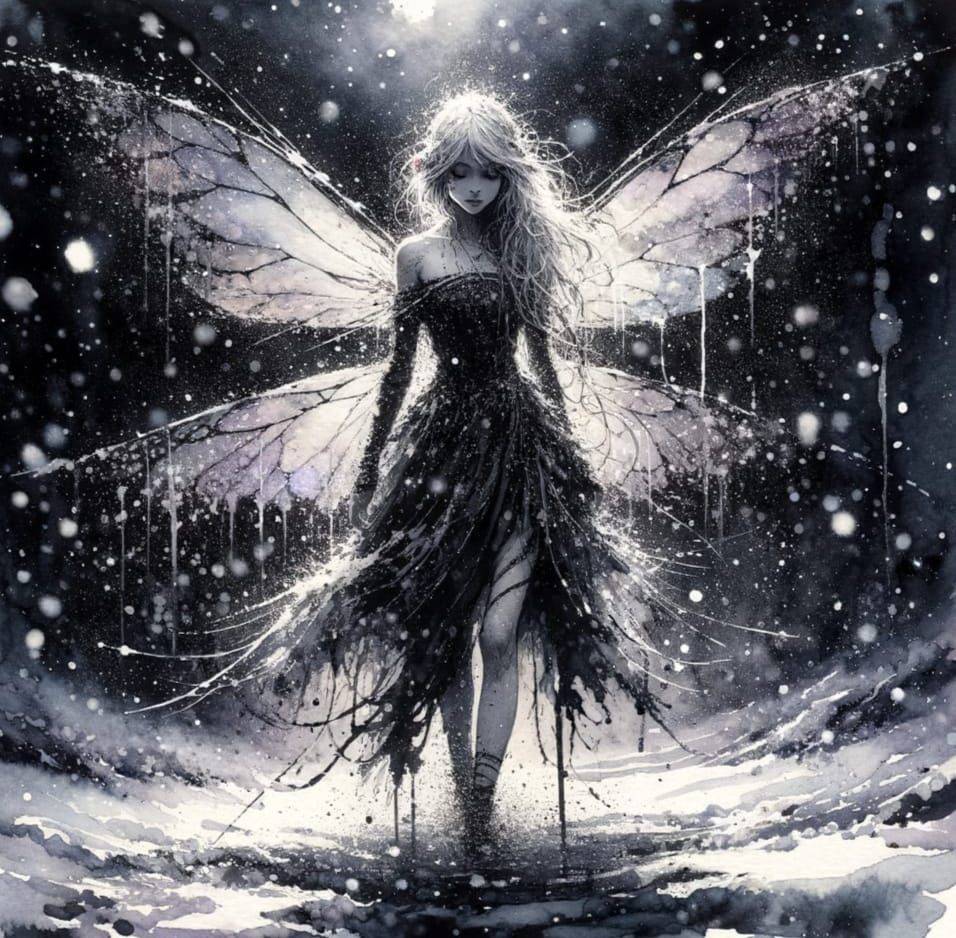 Fairy in Snowy Landscape Watercolor Painting