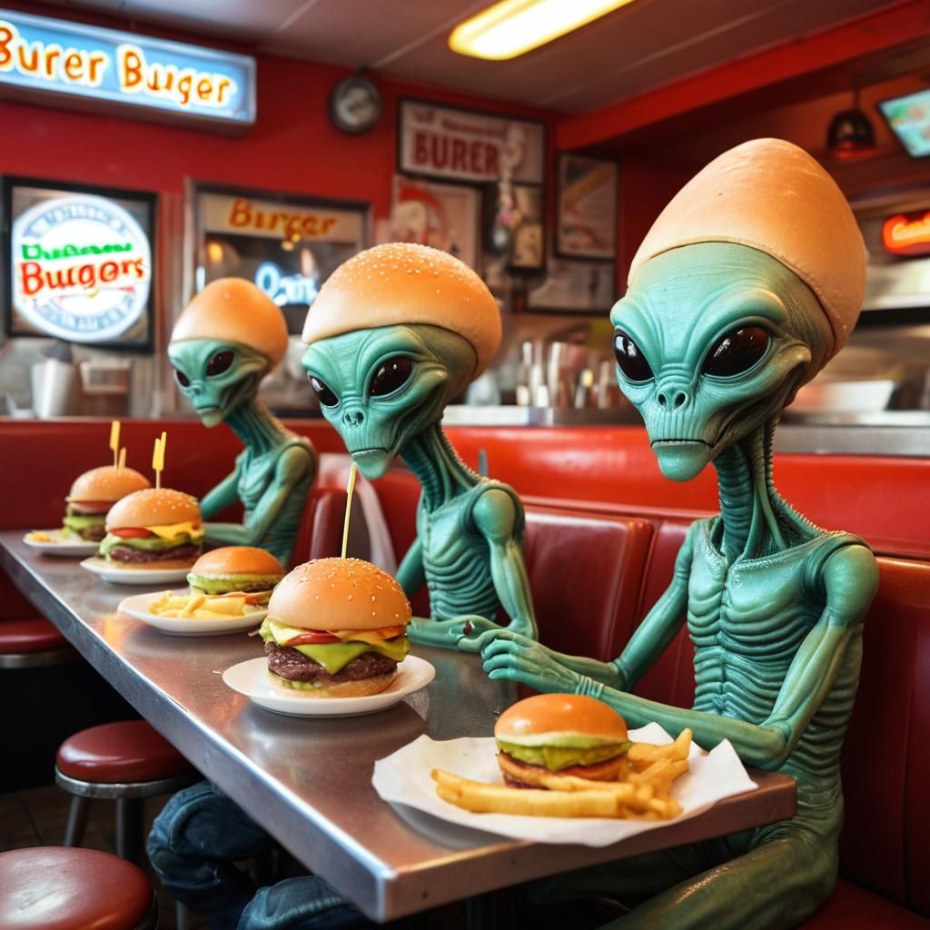 Alien Bikers Enjoy Burgers at Intergalactic Drive-In