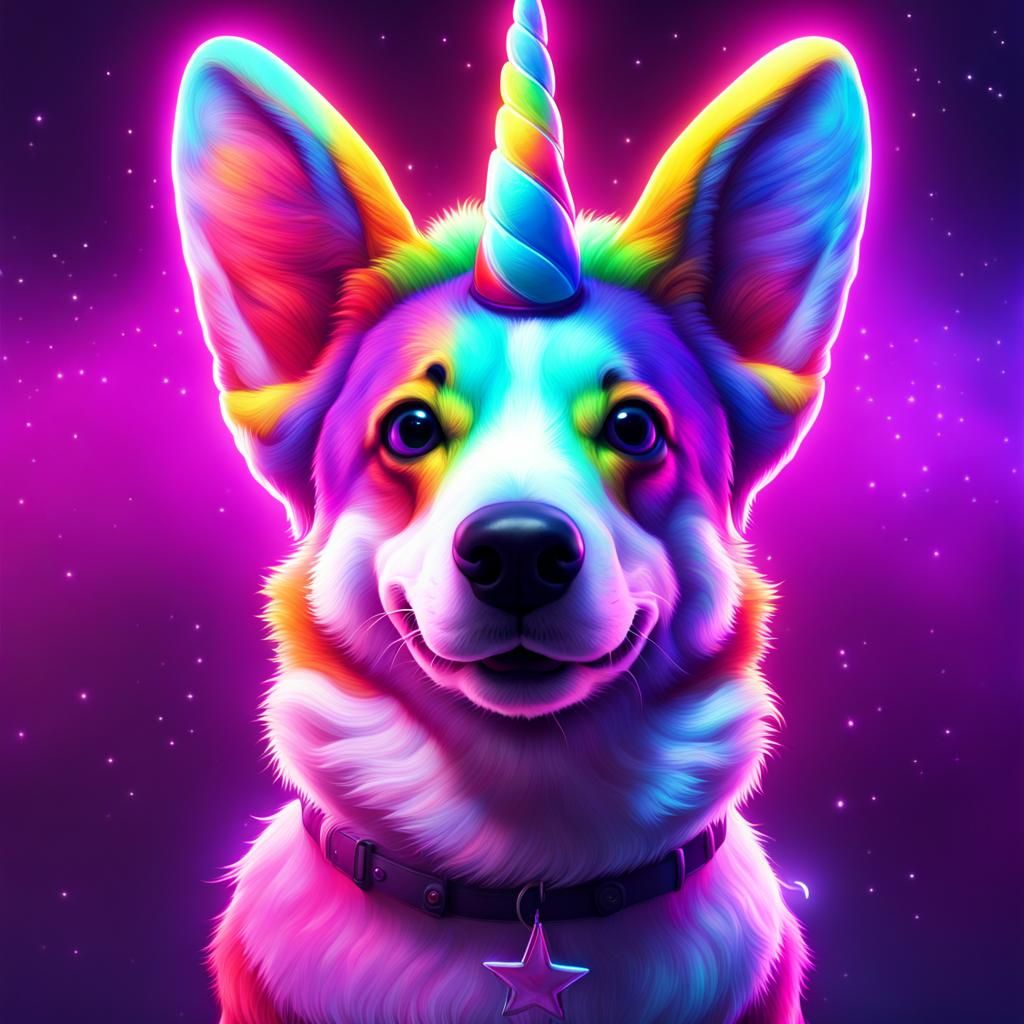 Neon Unicorn Corgi in Cyberpop Fine Art Style