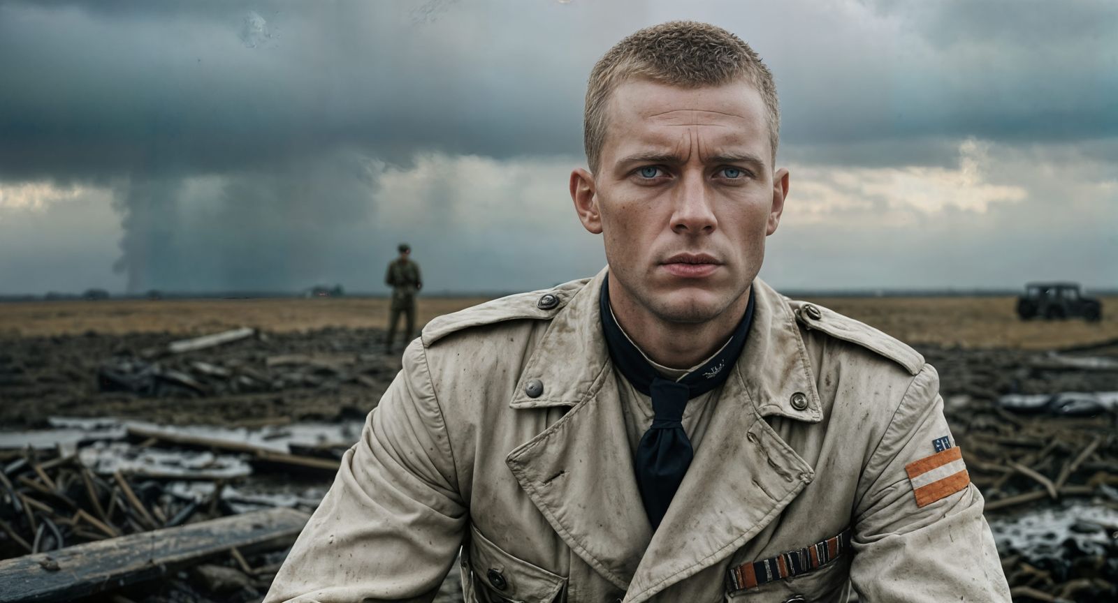 Weathered WWI Sailor on Desolate Battlefield