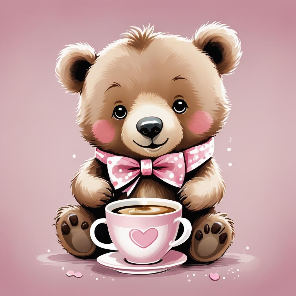 a cute little bear with his bow on his pink ear and drinking...