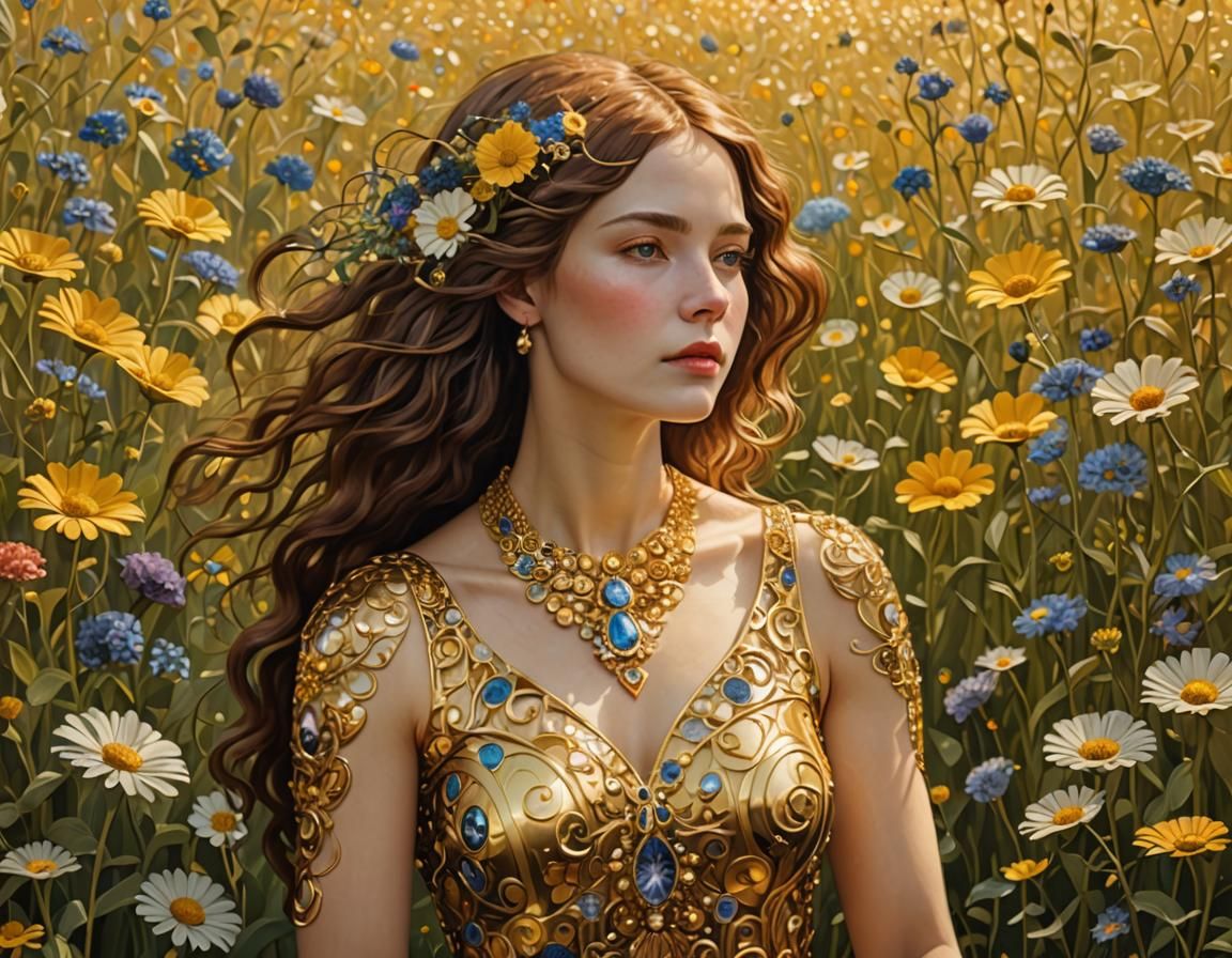 Golden Woman in Flower Meadow: Klimt-Inspired Digital Art