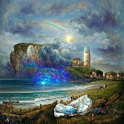 Lighthouse Projecting Rainbow Light in Cosmic Seascape
