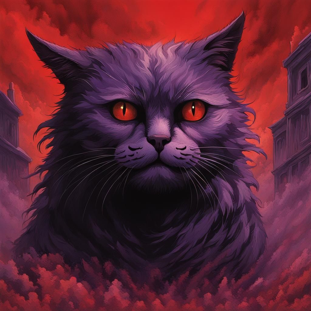 Sinister Purple Cat in Red Mist, Horror Art