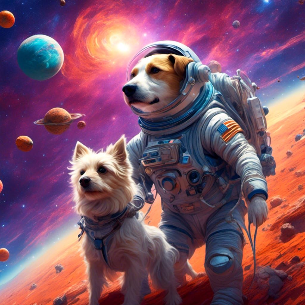Dog and Old Man in Spacesuits in Outer Space