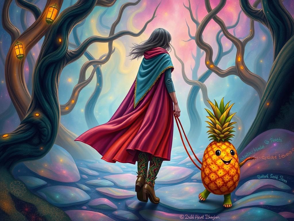 A woman taking a pet pineapple for a walk in a surreal fores...