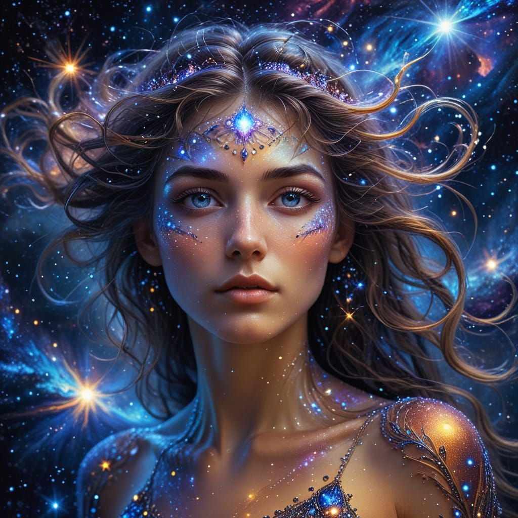 Cosmic Woman Emerges from Nebula in Surrealist Fantasy Art