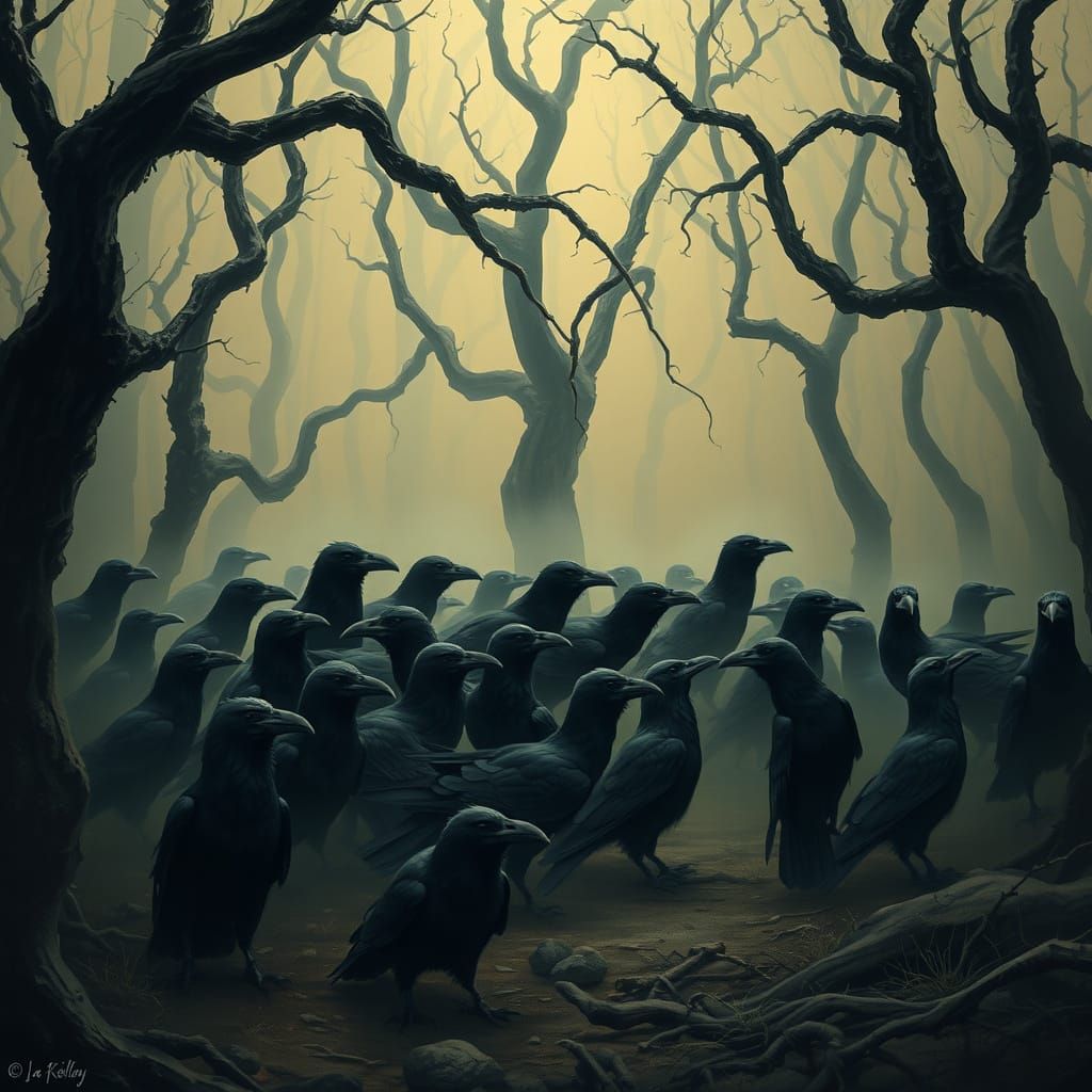 Crows in Mystical Forest: Dark Fantasy Art