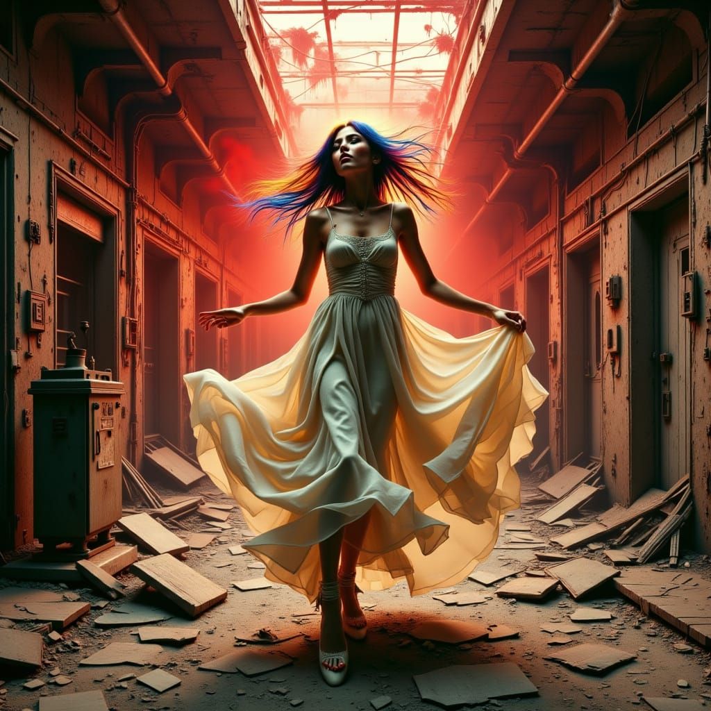 Surreal Cyberpunk Goddess Dancing in Abandoned Nuclear Power...