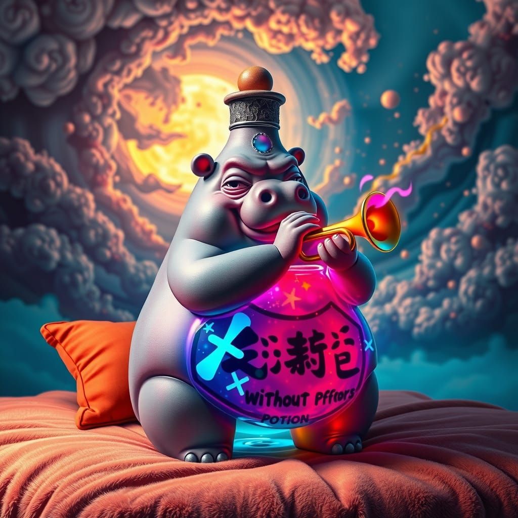 Hyperrealistic Sumo Warrior Plays Trumpet Beside Plush Bed