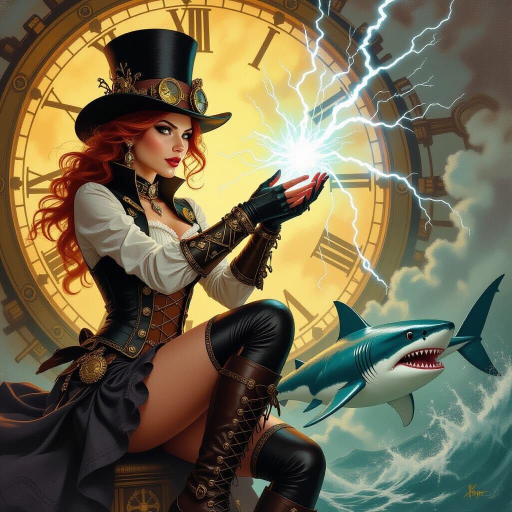 Steampunk Sorceress Summons Lightning to Clockwork Shark