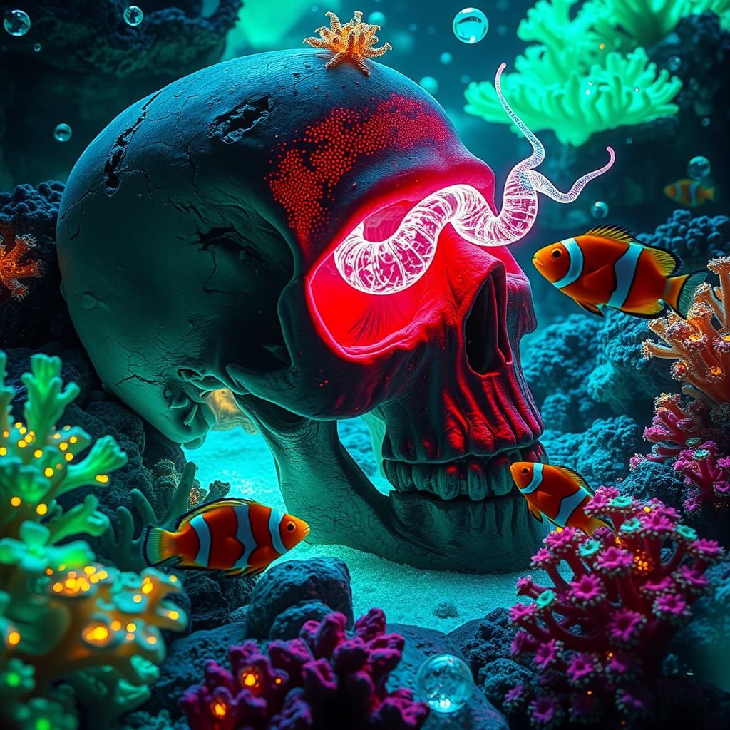 Electric Eel Emerges from Skull in Bioluminescent Sea