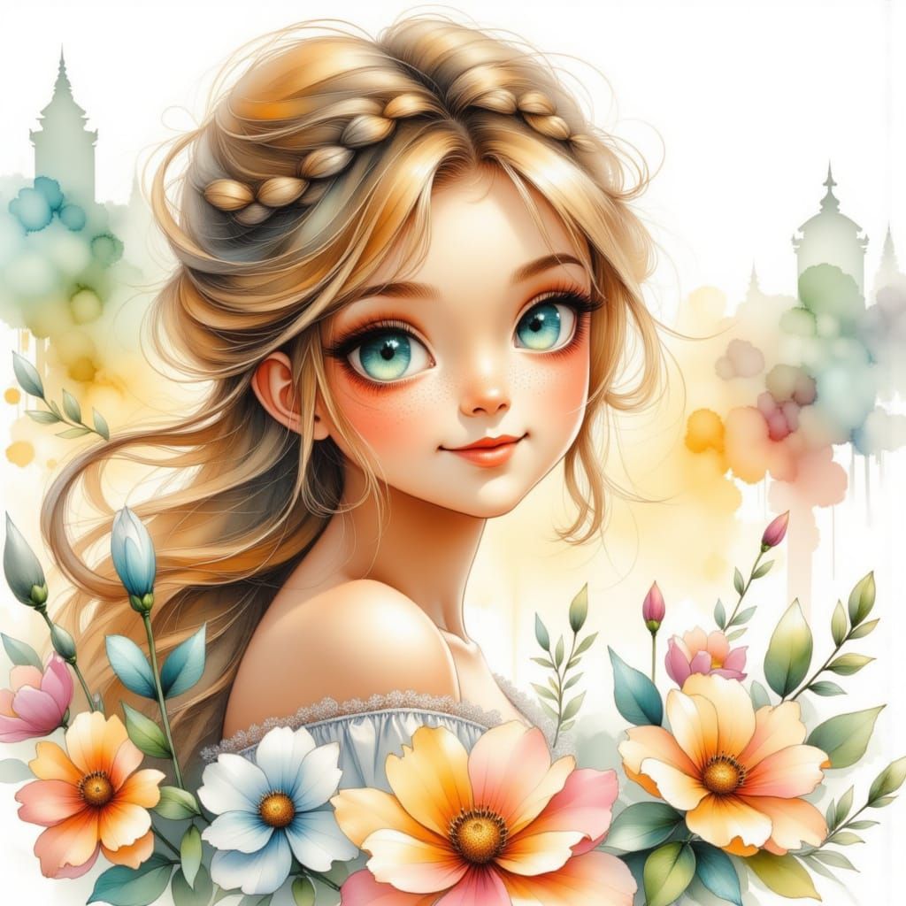 Pretty Woman with Freckles in Watercolor and Pencil Style