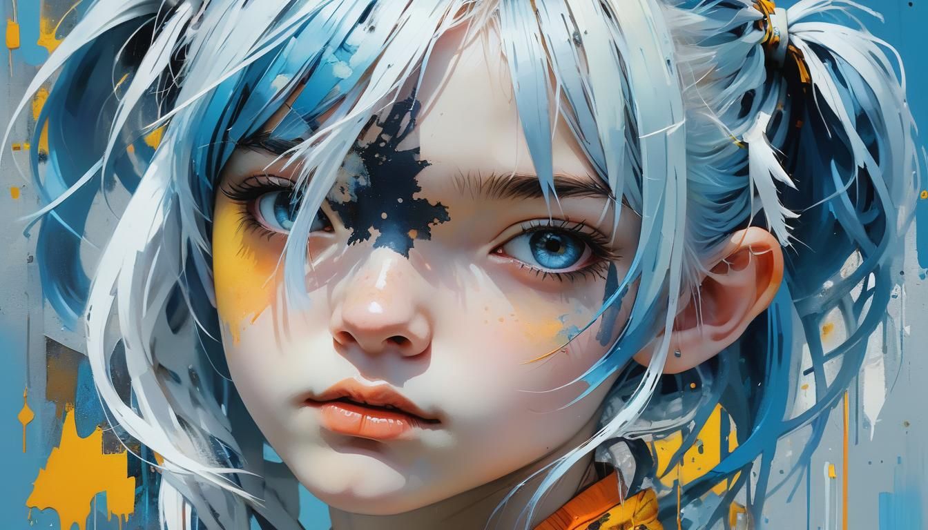 Pop Art Portrait: Girl with Blue and White Hair