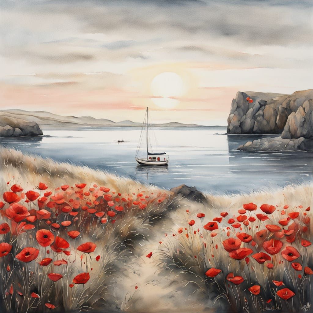 Watercolour of Icelandic Cliffs with Sailboat and Red Flower
