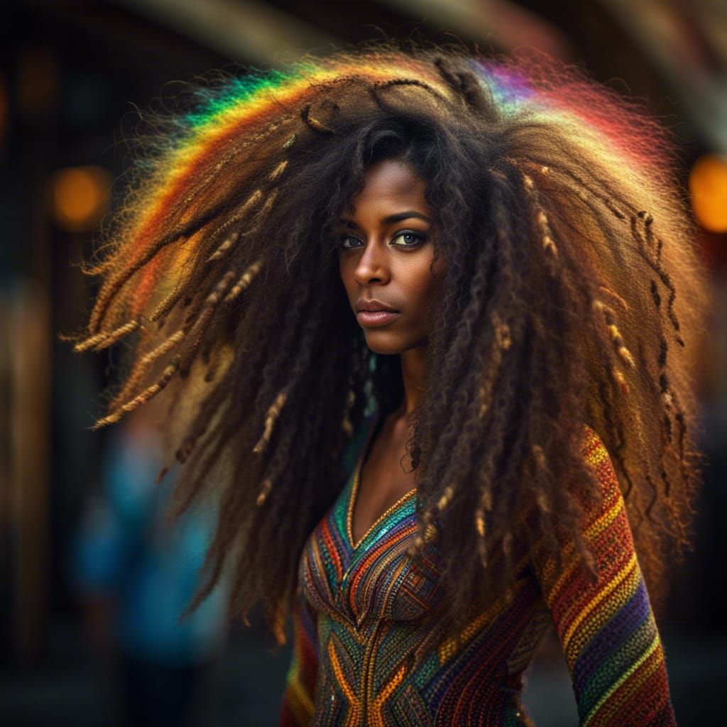 Golden Eyed Woman with Rainbow Dress, Hyperrealistic
