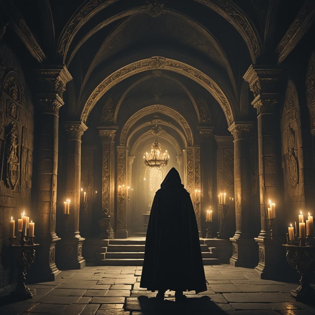 Mystical Hooded Figure in Ornate Chamber