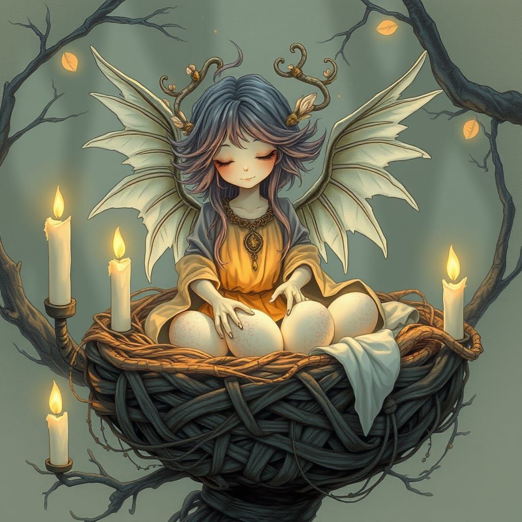 Harpy Hatching Eggs in Cozy Nest, Dreamlike Digital Art