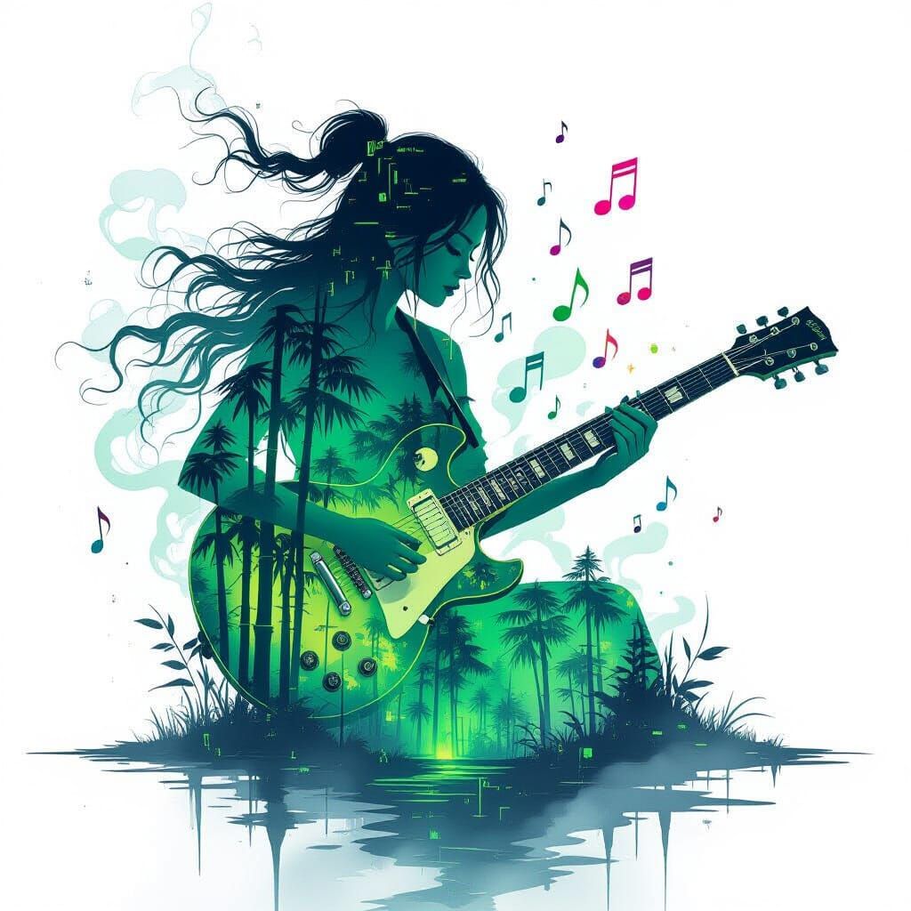 Ethereal Guitarist in Glitch Art Style