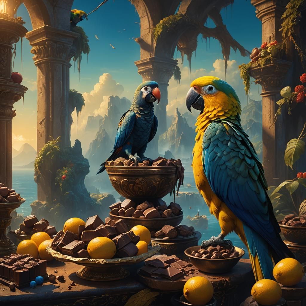 Parrot Enjoys Chocolate: Vibrant Fantasy Concept Art