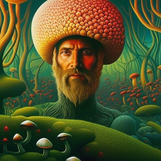 Mushroom Head Portrait in Psychedelic Style
