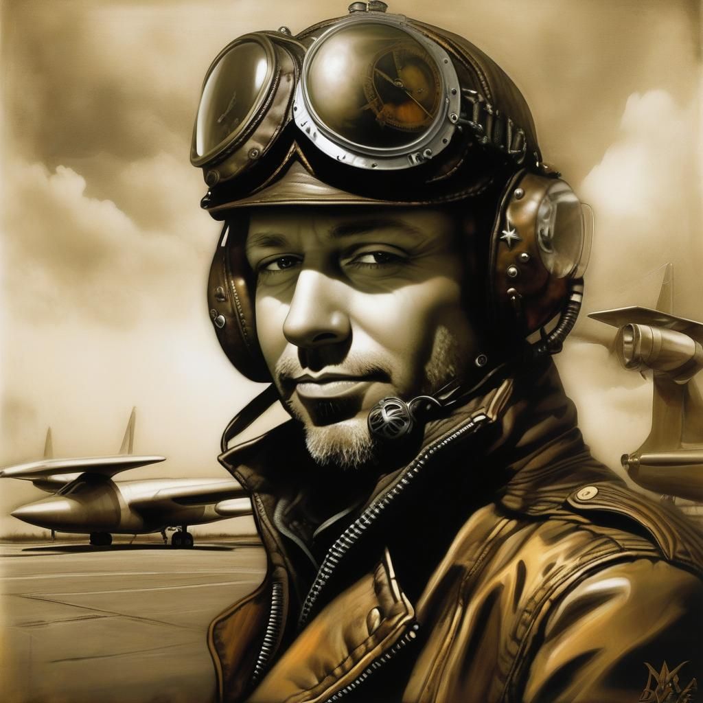 Steampunk Pilot Portrait with Airfield Backdrop