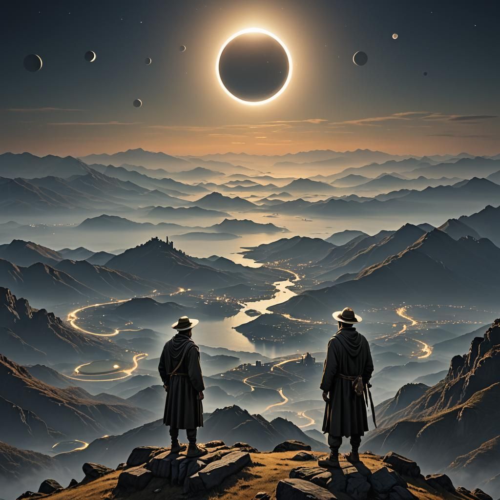 Pilgrim Contemplates Solar Eclipse on Alien Planet