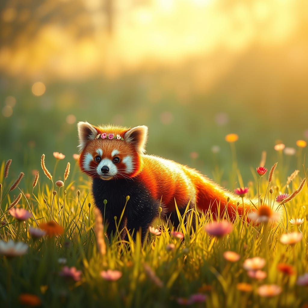 Mystical Red Panda Mother and Child in Vibrant Meadow