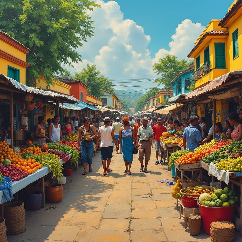 Vibrant Jamaican Market Scene with Lively Vendors and Colorf...