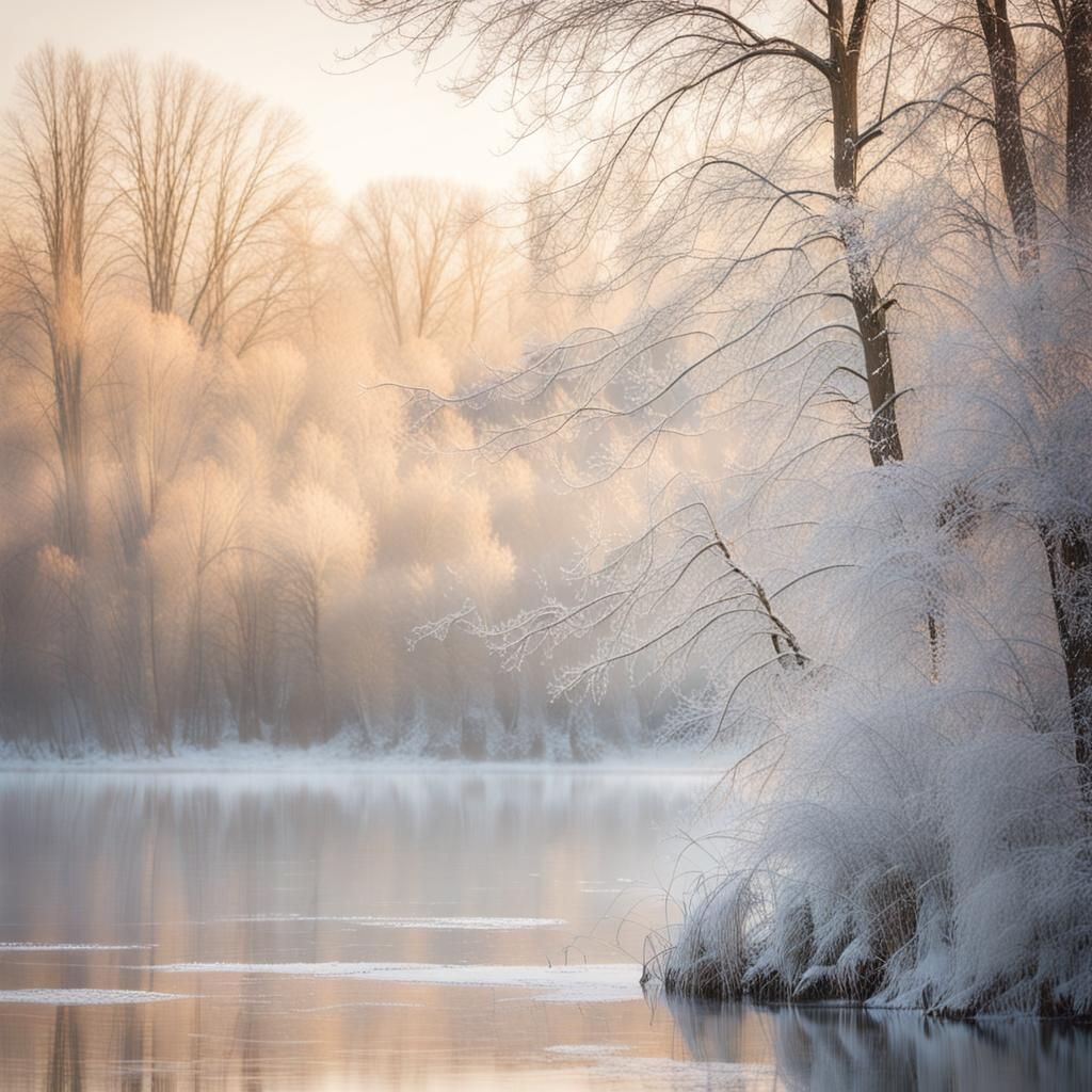 Winter Wonderland: Snowy Lake in Morning Mist