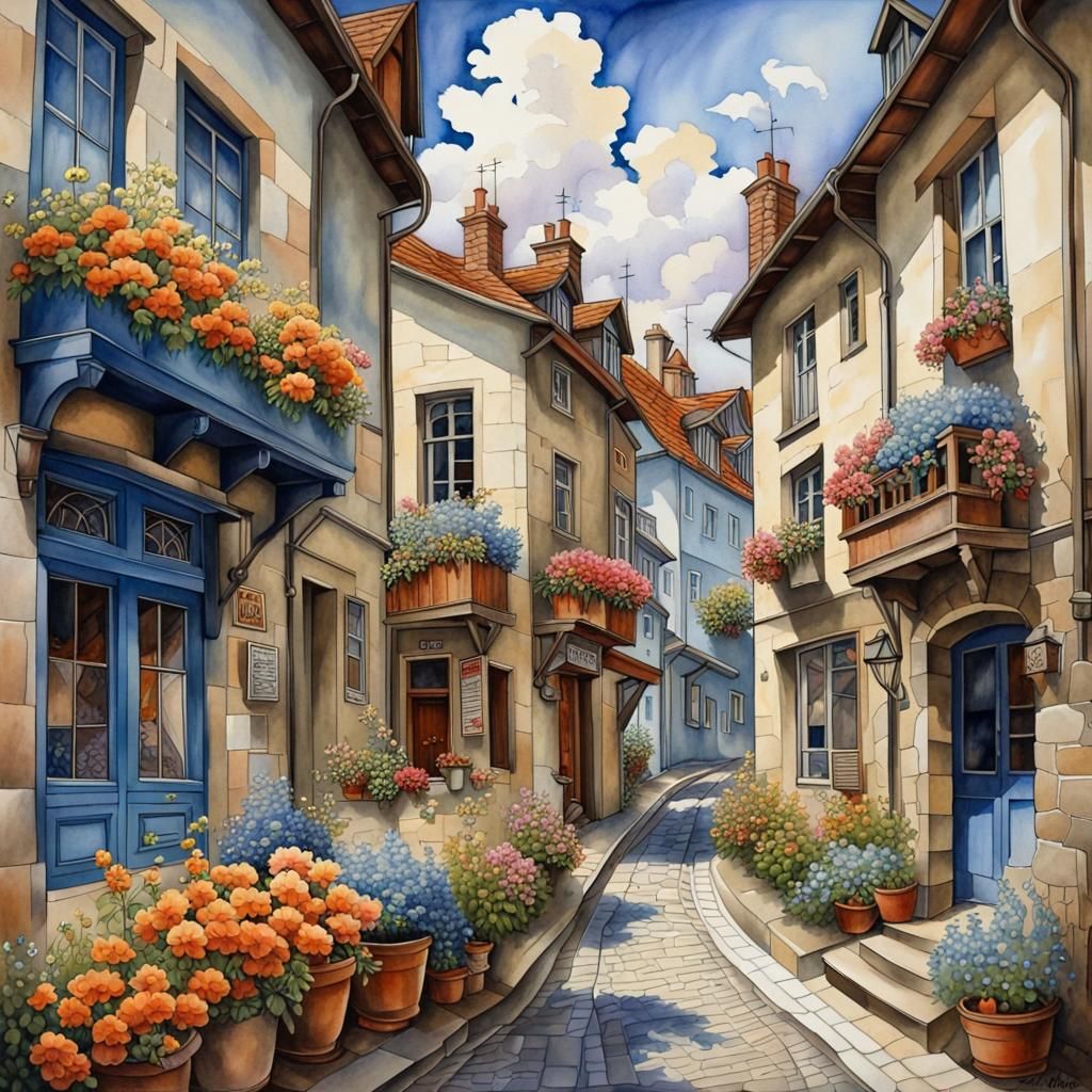 Picturesque European Town in Watercolor Style