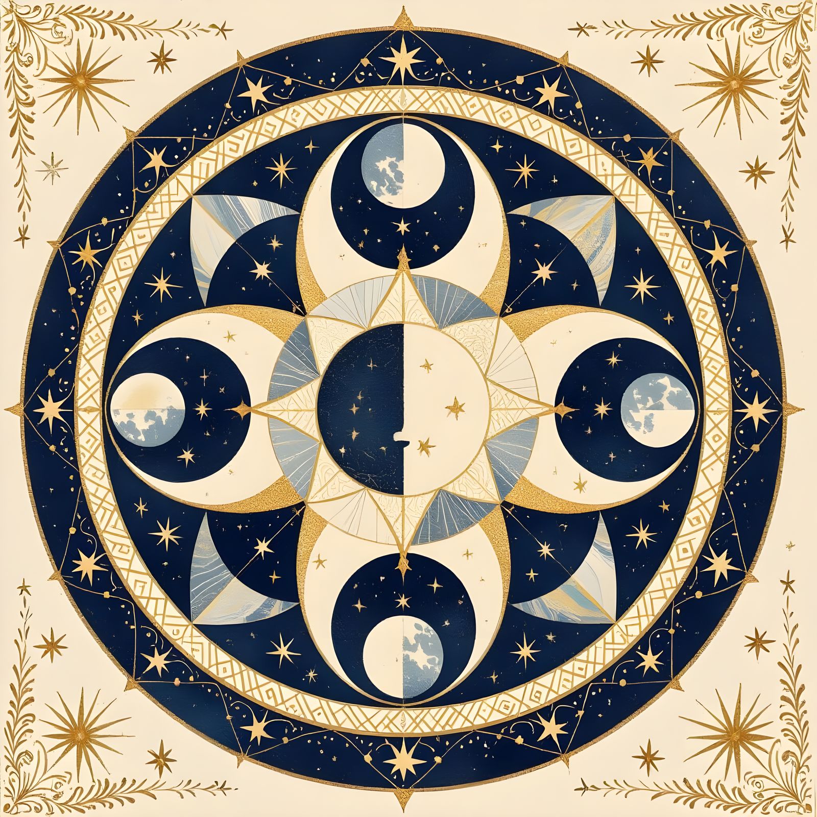 Celestial Mandala with Moon Phases in Watercolor
